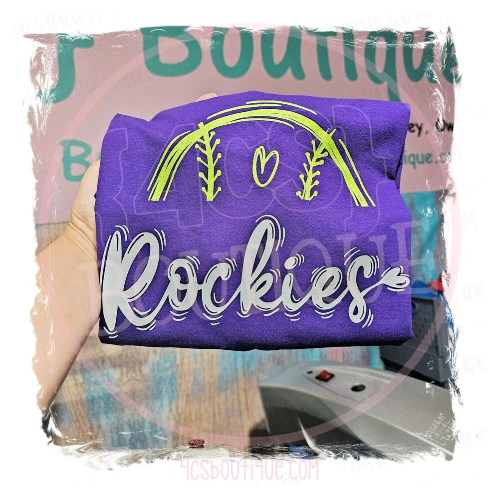 Rockies Youth Softball Team Glitter Graphic Tee Purple Gildan Softstyle XL Bouti